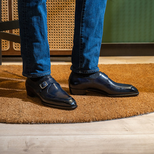 手缝沿条结构蓝擦色单扣僧侣鞋 Oct Tenth手工固特异Monk孟克皮鞋