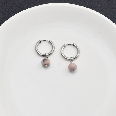 黑粉天然石吊坠耳夹无耳洞复古