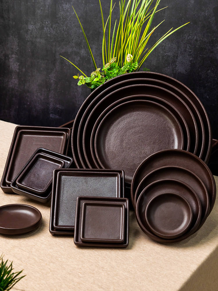 사각형 두꺼운 갈색 세라믹 보라색 모래 기본 트레이 꽃 냄비 라운드 패드 가정용 세라믹 물 트레이 시멘트 모방