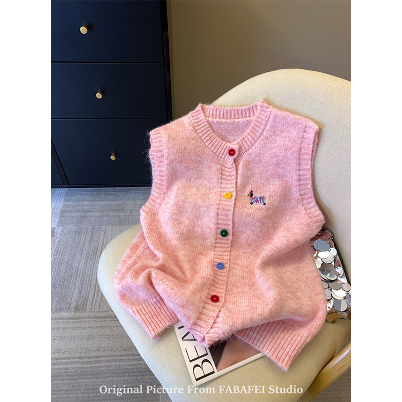 粉色腊肠狗刺绣针织马甲女秋季