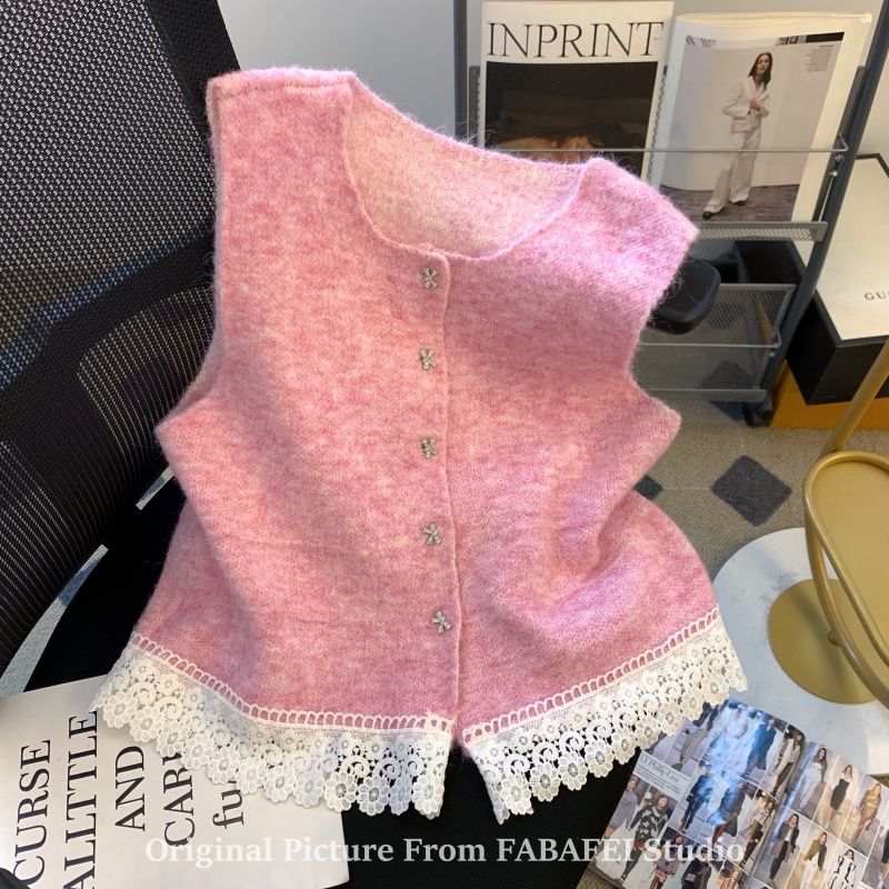 粉色下摆蕾丝花边针织马甲女早春韩系叠穿马夹开衫法式坎肩小上衣