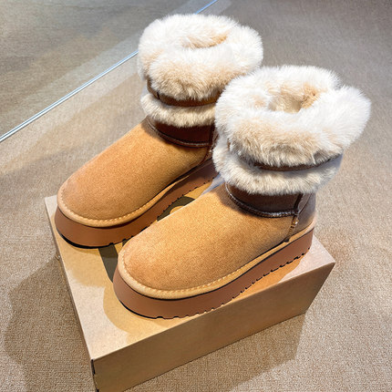 5CM增高厚底雪地靴女兔毛皮毛一体短靴冬季加绒保暖东北毛毛棉鞋