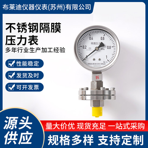 苏州布莱迪不锈钢隔膜压力表Y-100BF/Z/MF316L可耐震可定制螺纹式