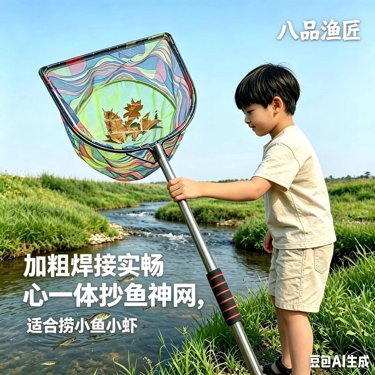 八品渔匠实心一体抄网内外双丝