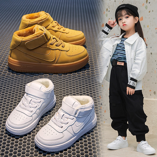儿童空军一号aj童鞋2024秋冬新款女童加绒小白鞋男童鞋宝宝真皮鞋