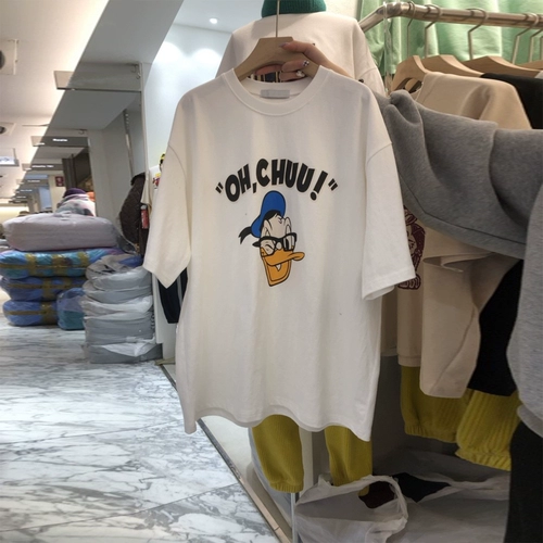 Летняя длинная белая хлопковая футболка с коротким рукавом, 2023, в корейском стиле, Дональд Дак, средней длины, короткий рукав