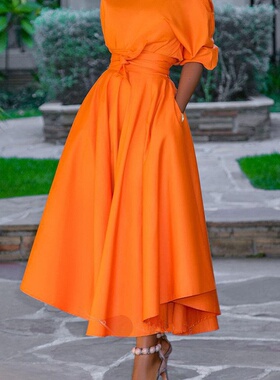 欧美女单肩系带收腰中长款连衣裙Summer new one shoulder dress