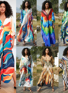 跨境欧美定位印花度假宽松大码长袍沙滩罩衫连衣裙比基尼外搭女装