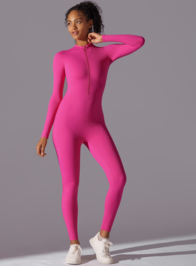 欧美风拉链裸感长袖长裤瑜伽连体服女运动健身训练舞蹈连体紧身衣