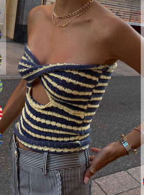 2021跨境速卖通亚马逊爆款女装度假性感条纹毛衣针织抹胸背心上衣