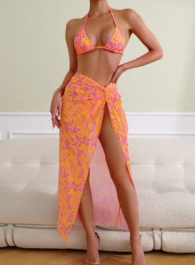 印花三件套半裙比基尼系带性感辣妹泳装女士显瘦遮肉泳衣bikini