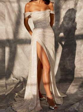 一字肩轻奢性感晚礼服裙女高级感宴会气质名媛主持人Party Dress