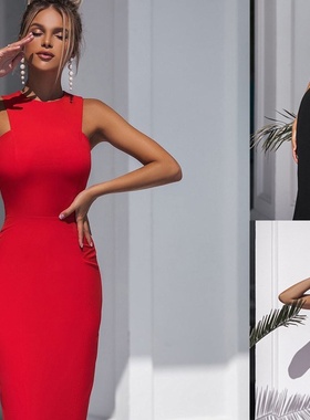 Women sexy sleeveless dress 新款红色无袖连衣裙修身性感