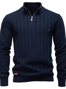 2025秋冬新款外贸条纹提花男士欧码跨境毛衣半拉链立领商务毛衫男