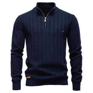 跨境毛衣半拉链立领商务毛衫 欧码 男 外贸条纹提花男士 2025秋冬新款