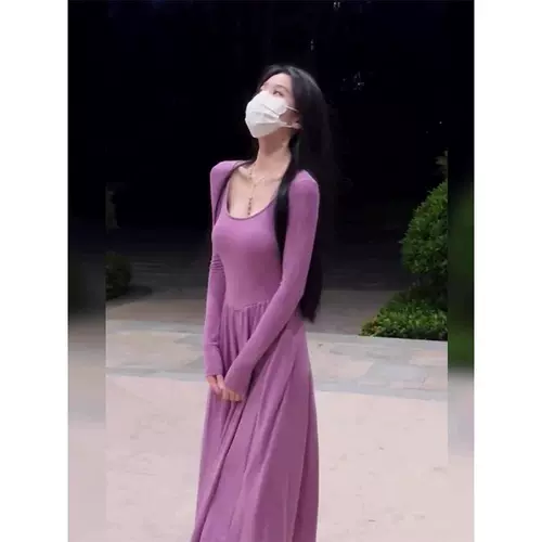 Очень большое сиреневое цветное осеннее платье, лонгслив, юбка, большой размер, подходит для полных девушек, французский стиль, изысканный стиль