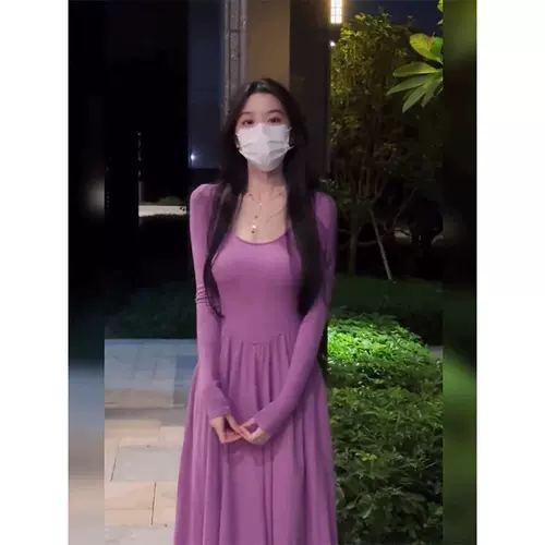 Очень большое сиреневое цветное осеннее платье, лонгслив, юбка, большой размер, подходит для полных девушек, французский стиль, изысканный стиль