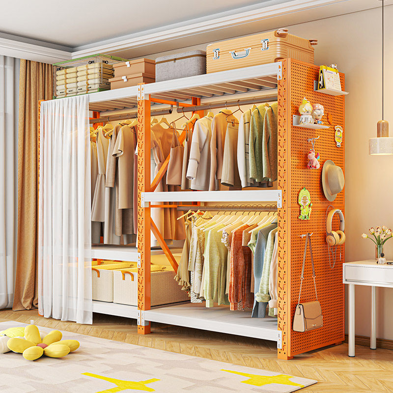 货架衣柜家用卧室带帘衣帽架金属洞洞板置物架开放式加厚收纳衣架