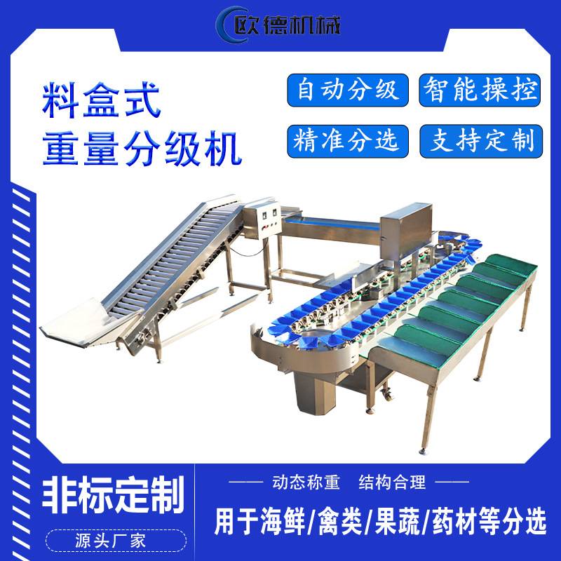 托盘式小龙虾自动分拣机鱿鱼鱼段快速分级称重海鲜生蚝料盒分选机