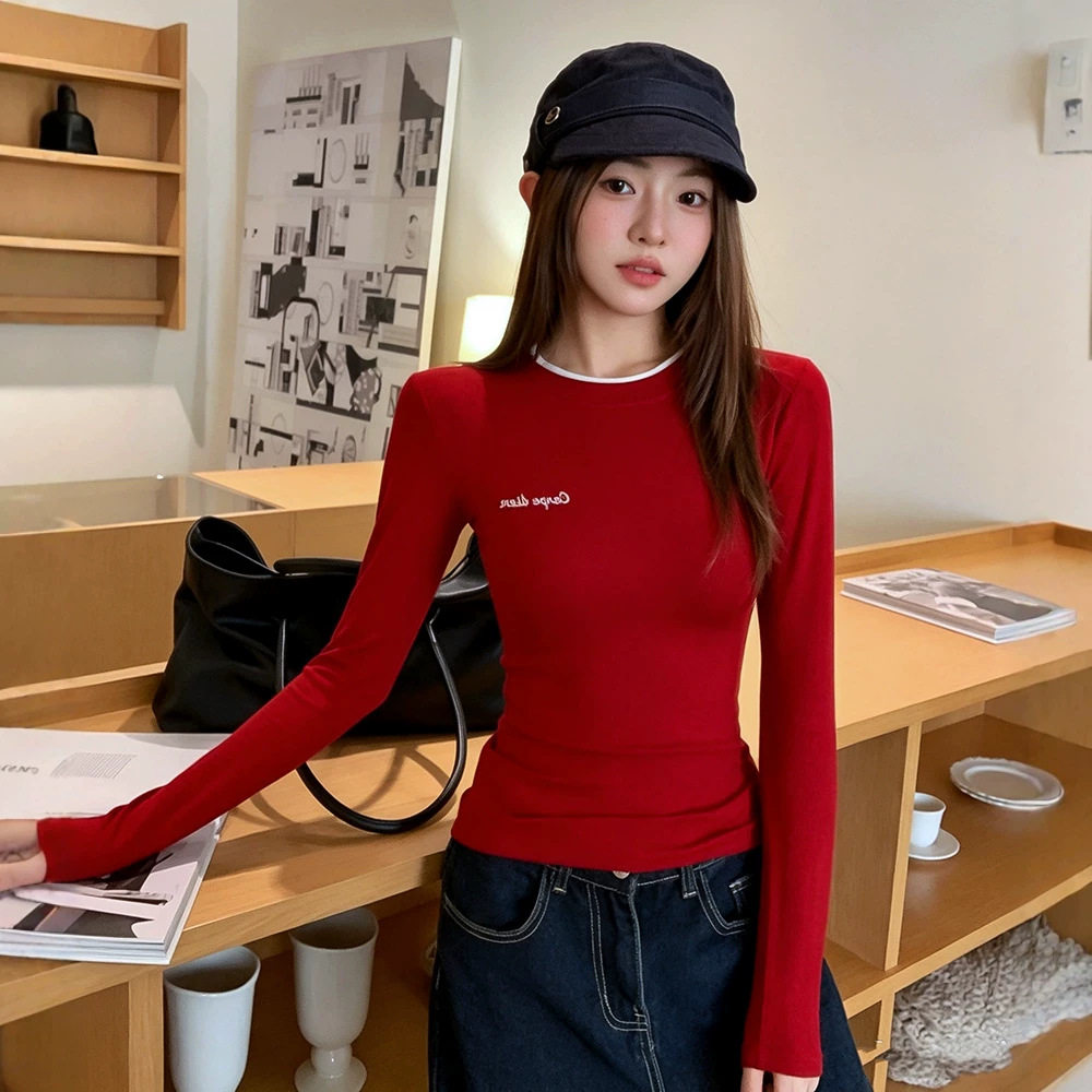 【韩女精髓】经典撞色圆领字母修身打底衫显瘦辣妹长袖上衣26252