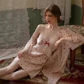 甜美真丝睡衣女秋冬小众高级桑蚕丝带胸垫吊带睡裙睡袍套装 家居服