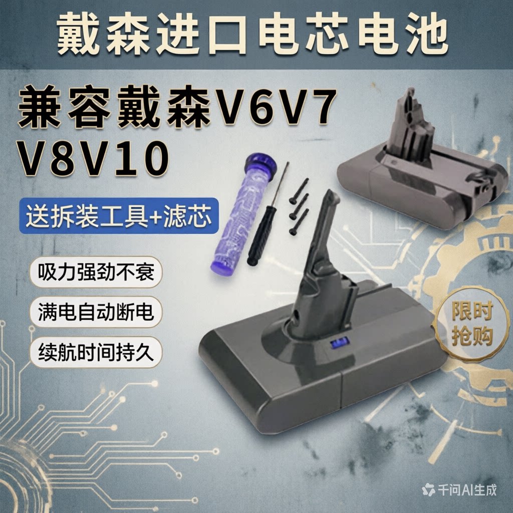 适配dyson戴森吸尘器v6电池V7 V8 SV10SV12 DC59/58/61/62 DC45锂