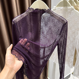 网纱1219e 内搭透肉薄款 紫色镂空高领蕾丝打底衫 女秋冬木耳边修身