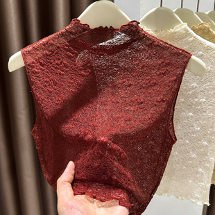 高级感内搭网纱短款 女2025新款 上衣1219e 背心蕾丝打底衫 红色无袖