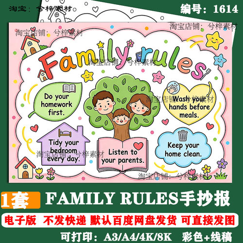家庭规则英文版手抄报family rules小学生儿童画线稿可打印涂色