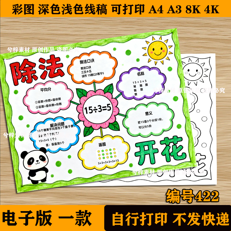 除法开花手抄报电子版小学生二年级上册数学小报认识除法线稿模板