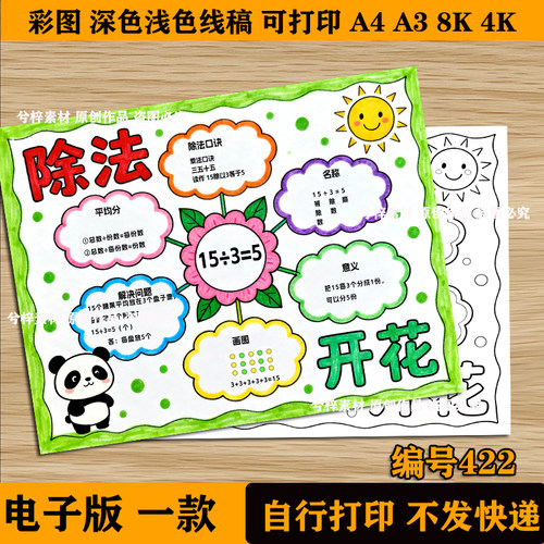 除法开花手抄报电子版小学生二年级上册数学小报认识除法线稿模板