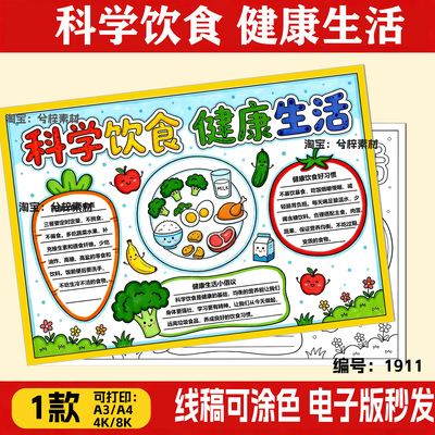 科学饮食健康生活手抄报黑白线图电子版合理饮食小报模板可打印