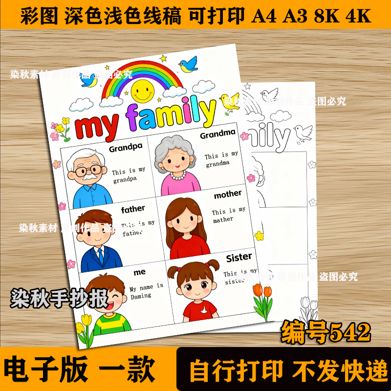 小学生英语全家福my family手抄报模板家谱family tree家庭树英语
