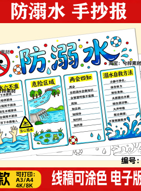 防溺水手抄报模半成品板儿童绘画安全教育主题暑假游泳珍爱生命