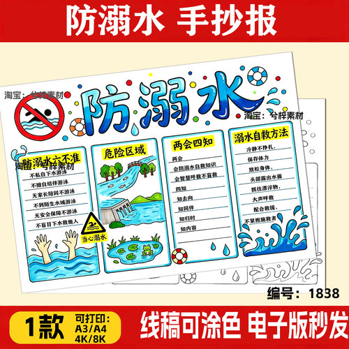 防溺水手抄报模半成品板儿童绘画安全教育主题暑假游泳珍爱生命