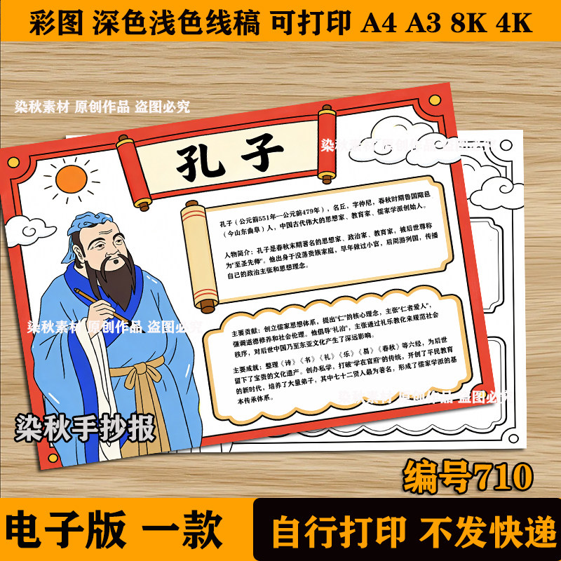 孔子文化主题手抄报历史人物名片人物卡简介卡线稿绘画图线稿模板