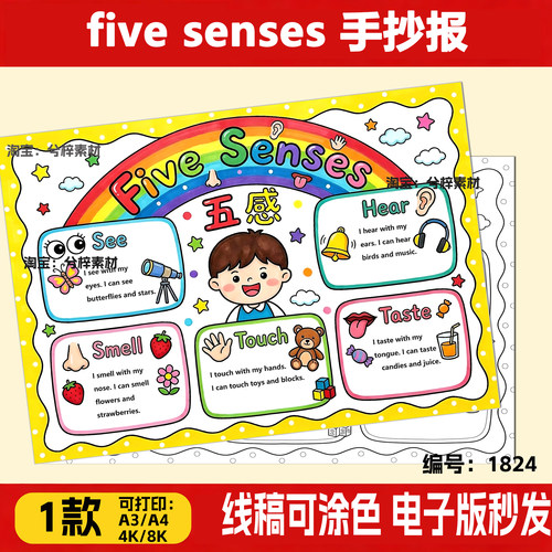 三年级下册我的五感英语手抄报模版 fives senses电子黑白线稿