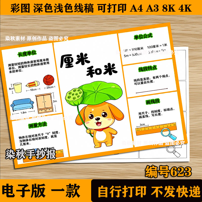 厘米和米思维导图二上4单数学手抄报涂色线稿可打印绘画二年级上