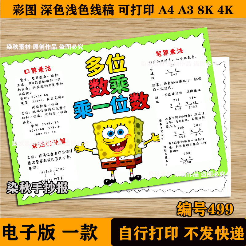 多位数乘一位数手抄报模版小学生数学三年级上思维导图电子版线稿
