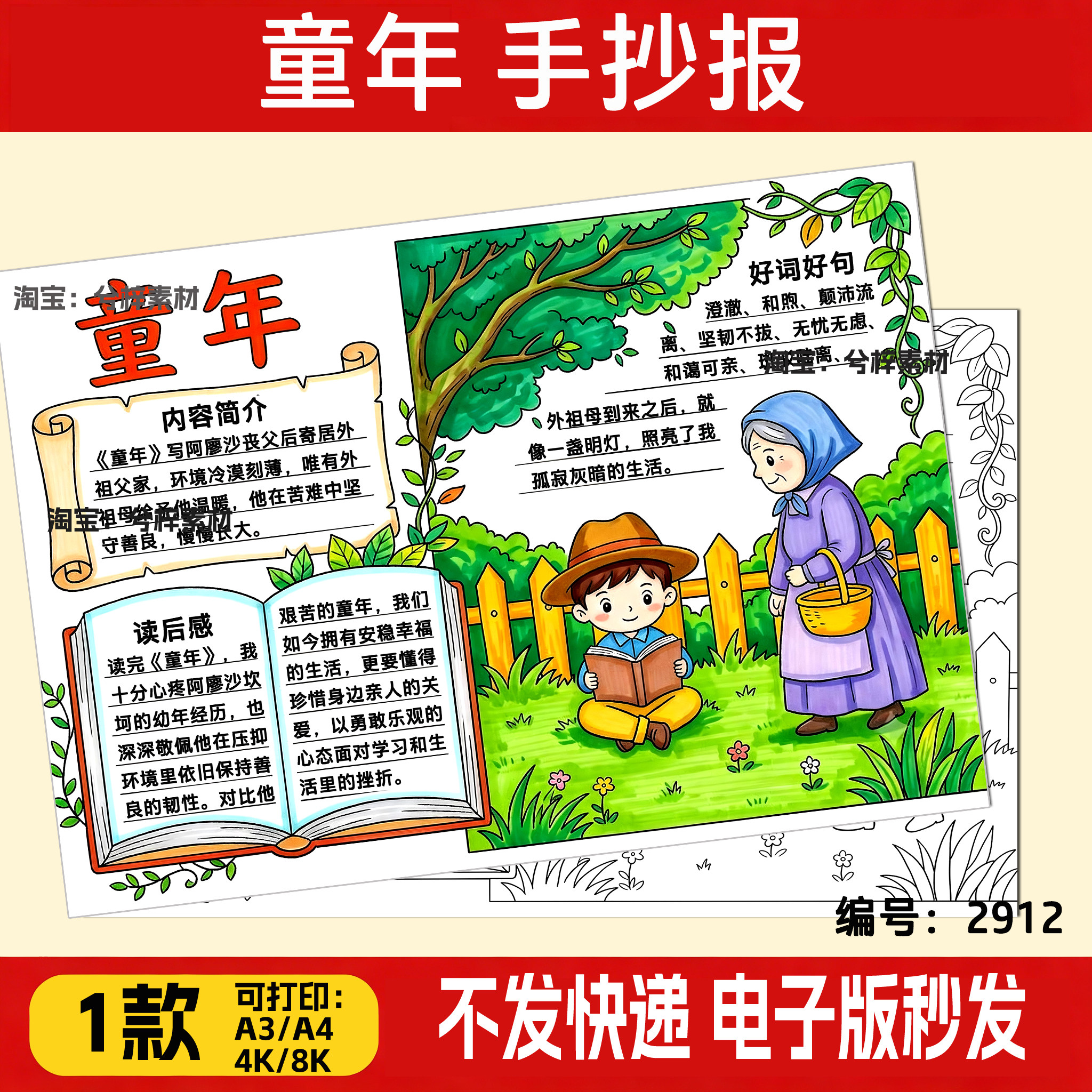童年手抄报电子版模板六年级课外读书阅读小报快乐读书读后感线稿