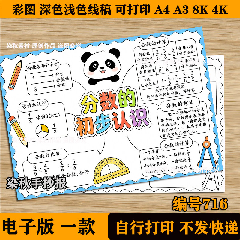 分数的初步认识手抄报电子版小学生人教版三年级上册数学小报模板