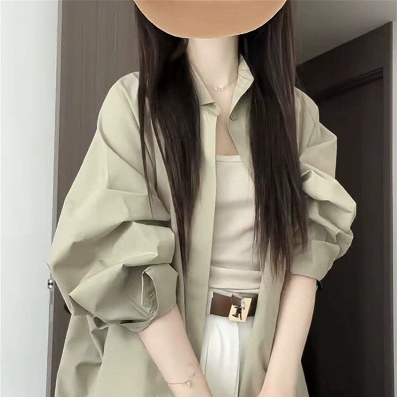 宽松休闲防晒开衫衬衣上衣夏季新款设计感小众长袖绿色衬衫外套女
