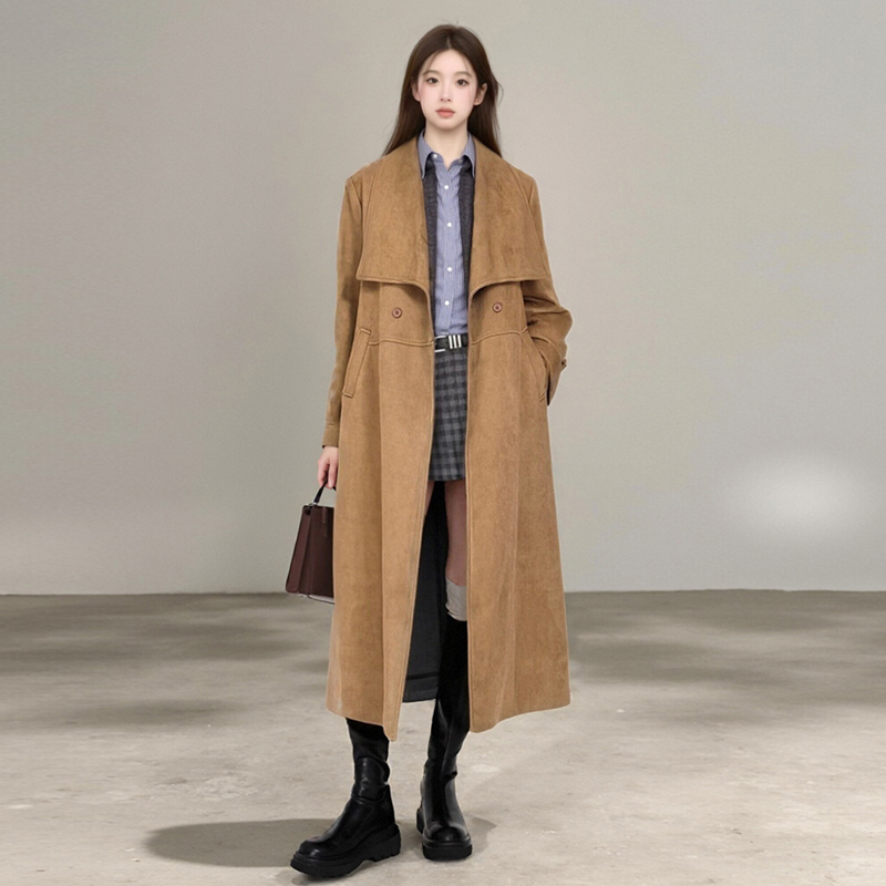 实拍麂皮绒风衣外套女中长款2025秋冬新款今年流行大翻领休闲大衣