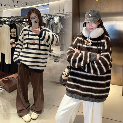 实拍~慵懒oversize条纹V领毛衣女秋季百搭大版大码V领上衣针织衫
