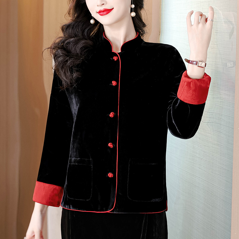 新中式中国风撞色丝绒提花两面穿盘扣外套女圣诞新年订婚红色上衣