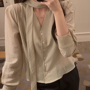 尺寸已更新 早春气质V领飘带衬衣上衣女 韩国chic