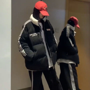 美式潮牌条纹羽绒服棉衣外套棉服bf秋冬季保暖加厚情侣上衣面包服