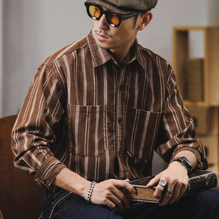 宽松美式 英伦雅痞复古条纹衬衫 款 春季 休闲红风美拉德衬衣男 男长袖