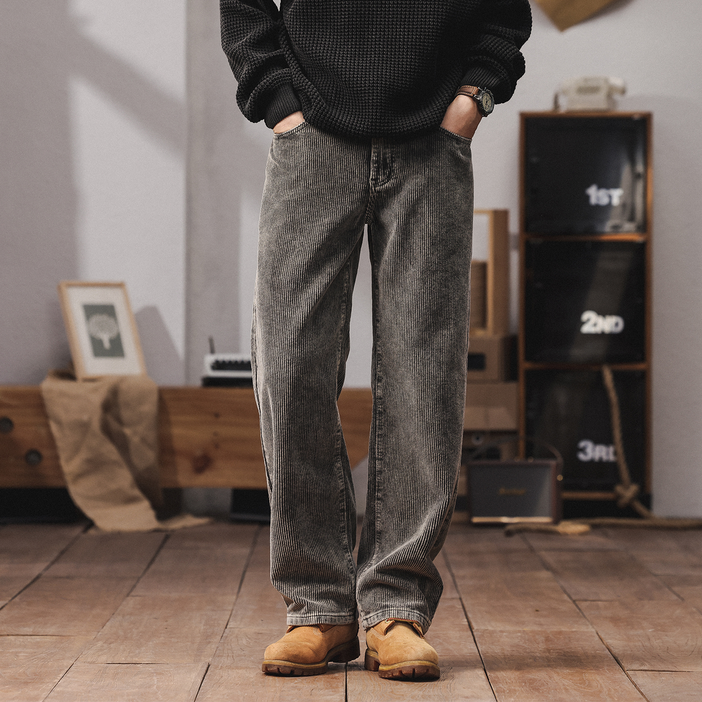 卡其灰粗纹灯芯绒裤子男直筒