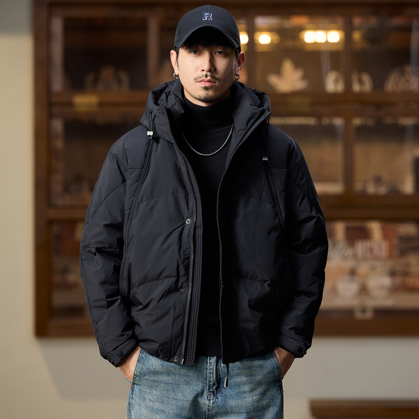 美式休闲连帽羽绒服男款